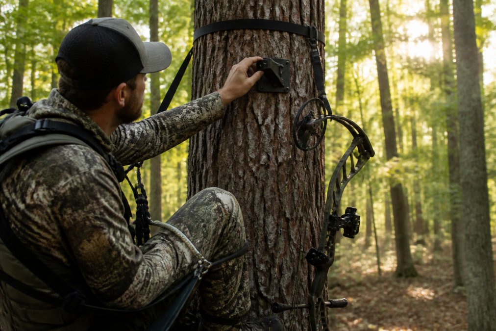 A saddle hunter in camouflage sitting in a tree saddle at height, adjusting a lightweight 3D printed bow hanger attached to the tree, with a compound bow hanging nearby and morning light filtering through the timber