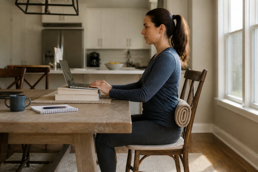 A remote worker sitting upright in a wooden dining chair at a kitchen table, a rolled-up towel placed behind their lower back, laptop propped on a stack of books to eye level, natural morning light through a nearby window