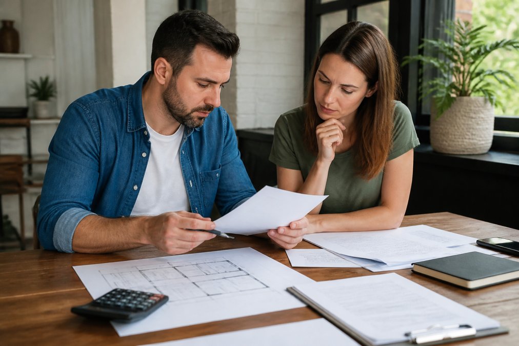 Real estate investor reviewing loan documents and property blueprints at a desk with a calculator, notepad, and architectural drawings under office lighting