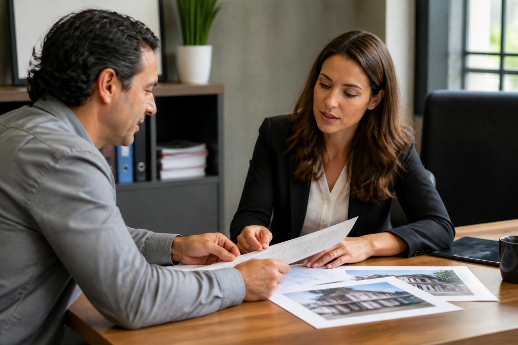 Professional loan officer meeting with real estate investor in modern office, reviewing application paperwork and property details across desk with computer and documents