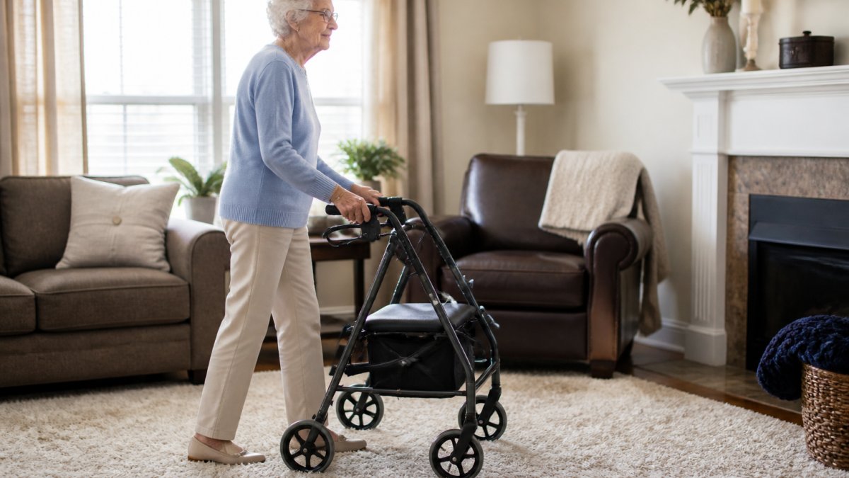 Senior person using a four-wheeled rollator on thick residential carpet, demonstrating proper upright posture with hands gripping the handles while moving forward in a well-lit living room