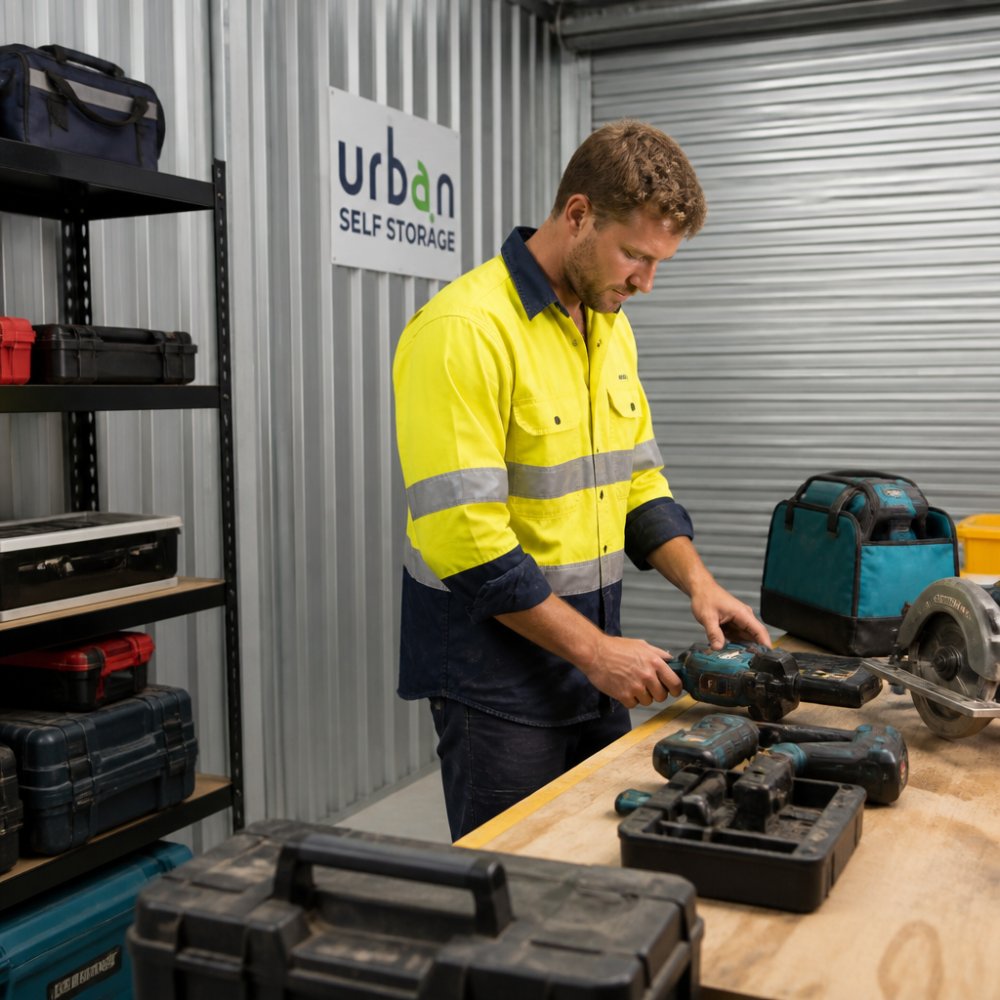 A tradie in high-vis workwear organising power tools on a workbench inside a clean, well-lit storage unit with shelving and equipment cases nearby