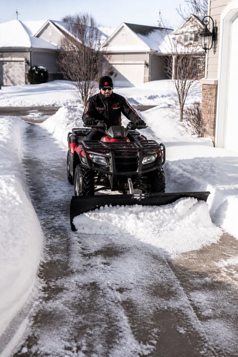 A person on an ATV with a front-mounted plow blade pushing a line of snow down a residential driveway on a clear winter morning, snow banks visible on both sides