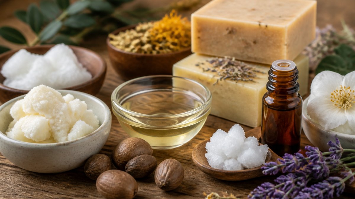 Close-up of natural ingredients used in artisan soap making, shea butter, coconut oil, essential oils, and botanical elements arranged on a wooden surface with handmade soap bars nearby, soft natural lighting