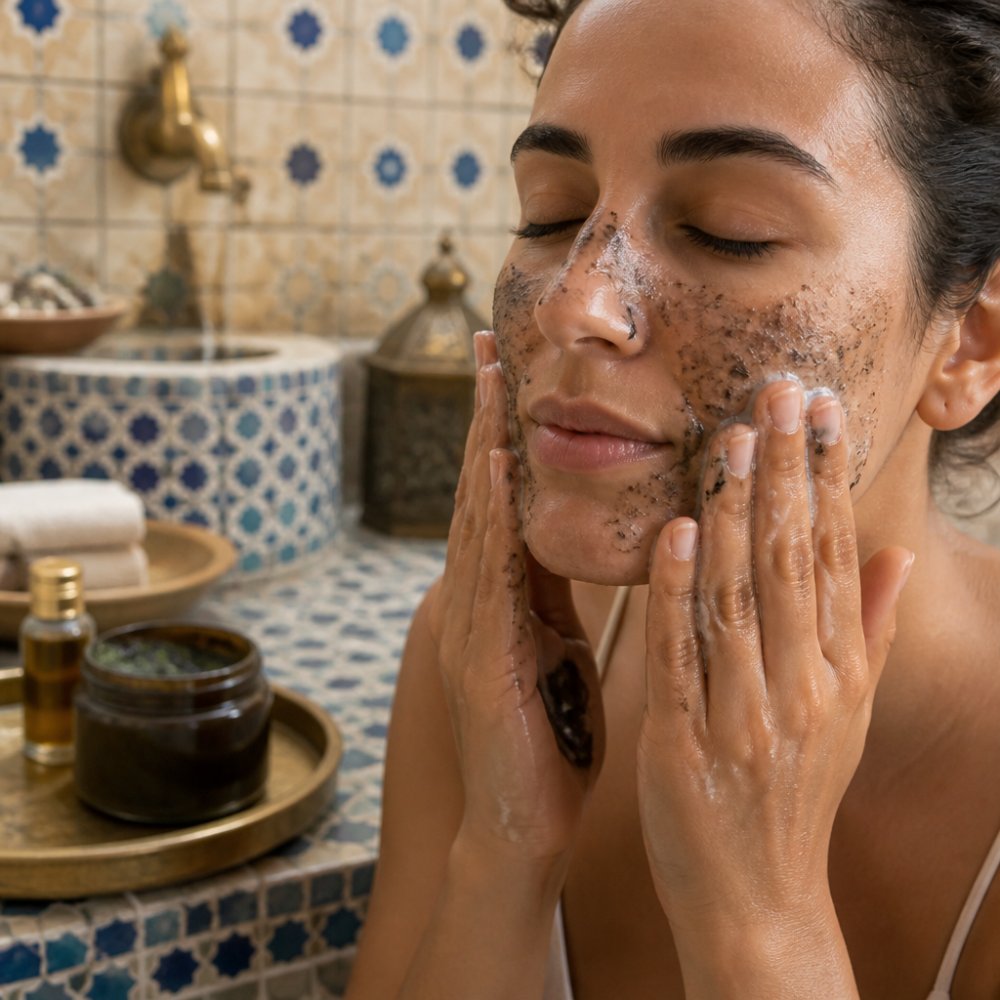 Close-up of hands gently lathering dark Beldi soap on a person's face with warm water, showing proper application technique with fingertips in soft natural lighting