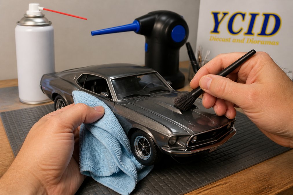 Cleaning a 1:18 scale diecast muscle car with a brush, cloth, and compressed air on diecast surfaces.