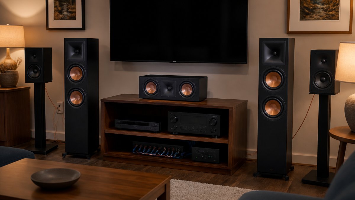 Living room setup with hi-fi speakers home cinema system featuring surround sound and a central media console.