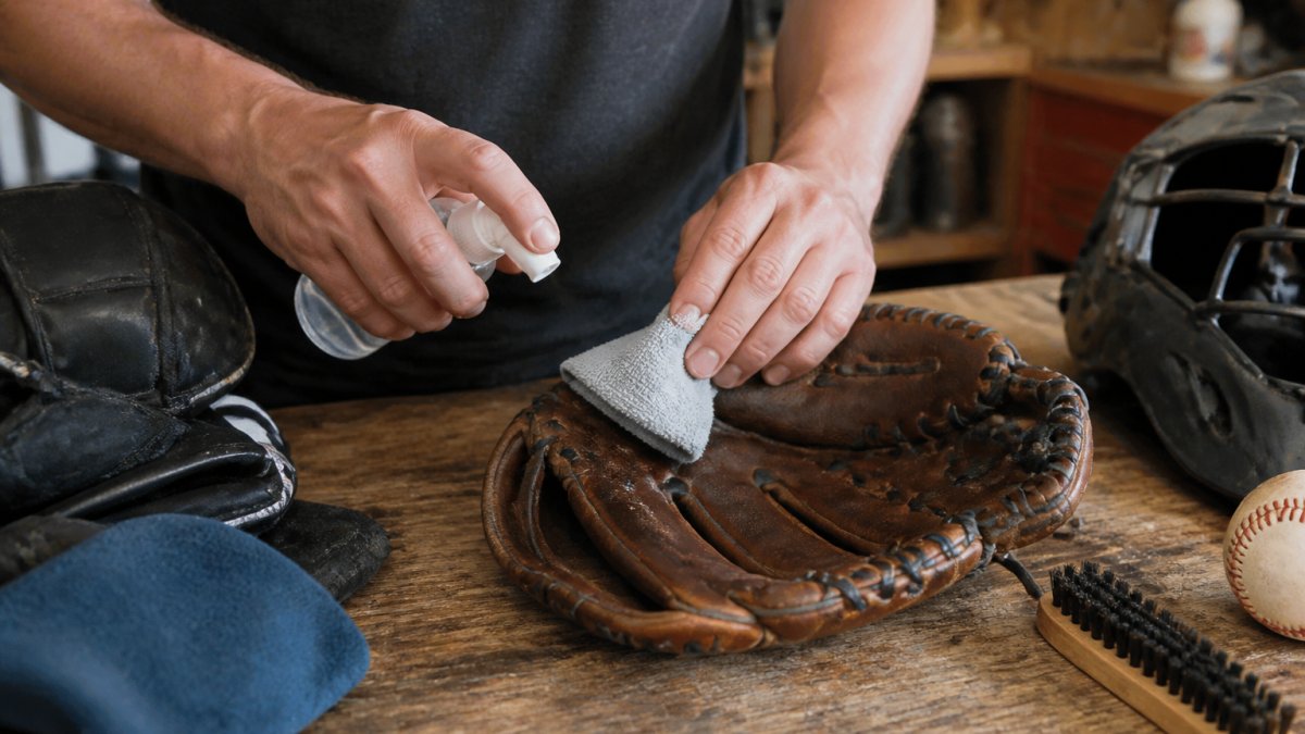 Hands holding a spray bottle and microfiber cloth to clean a sports glove on a workbench