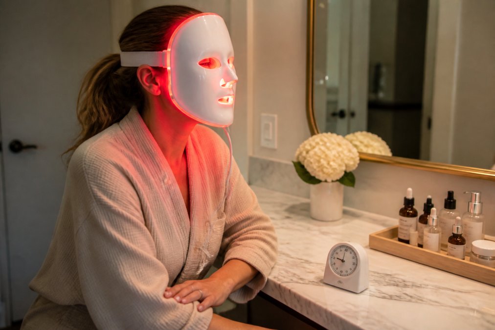 Woman sitting at a vanity wearing a red light therapy mask with a timer to treat acne scars