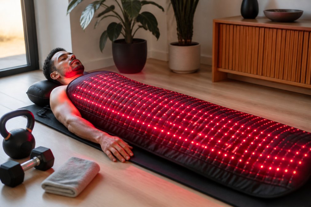 Person relaxing on a red light therapy mat after exercise to support recovery when using red light therapy every day.