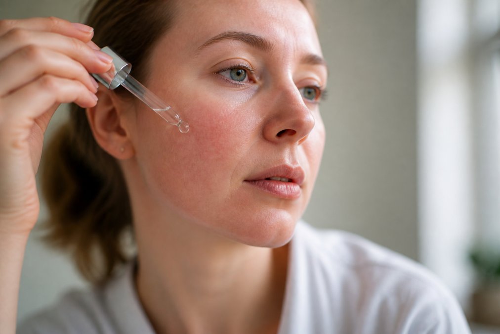 A close-up of a woman with fair, slightly flushed skin gently pressing a serum dropper against her cheek, soft diffused natural window light