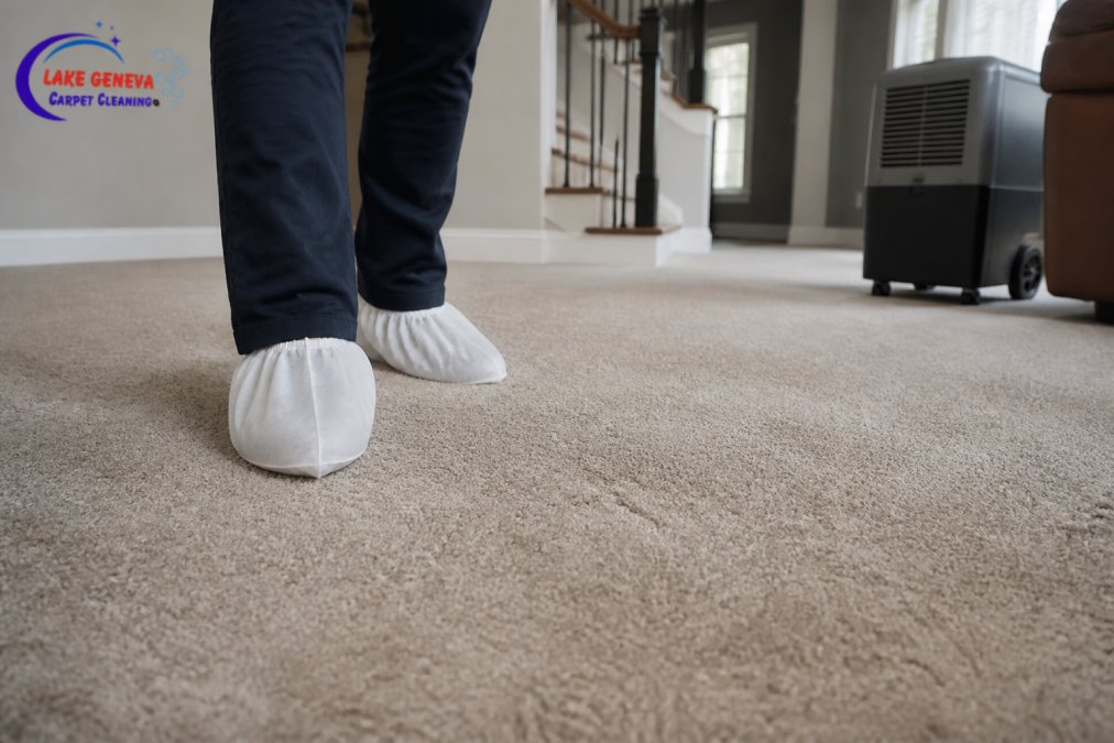 Person wearing white shoe covers walking carefully across damp carpet indoors, with a dehumidifier running in the background