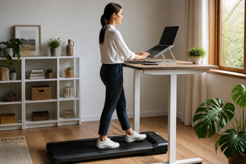 A remote professional walking on a compact under-desk treadmill while typing on a laptop mounted at eye level on a standing desk, in a tidy home office with warm natural light from a side window