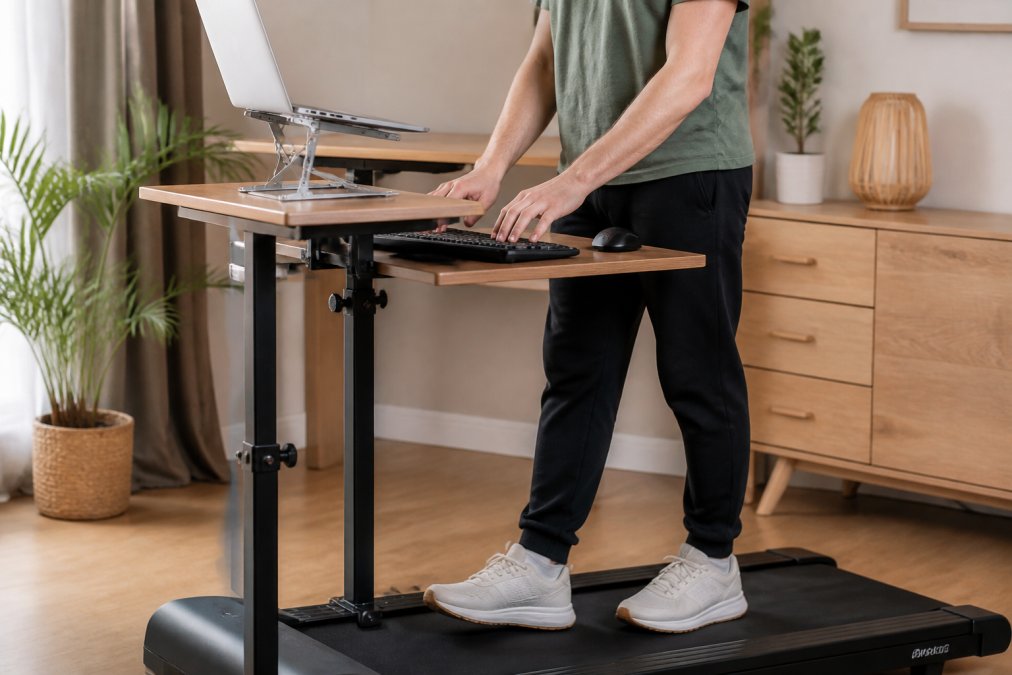 Close-up of a laptop elevated on an adjustable aluminum stand above a compact under-desk treadmill, with an external keyboard and mouse positioned on a keyboard tray at comfortable wrist height, photographed in a clean home office with neutral tones