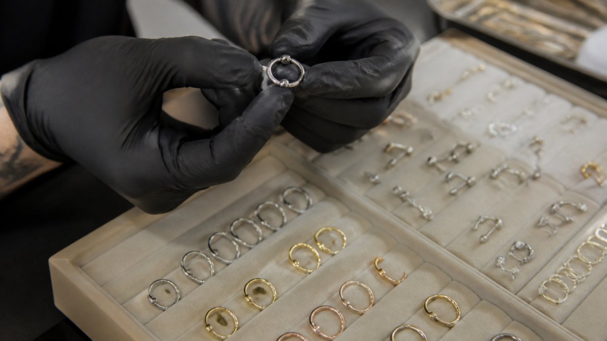 Close-up of a piercer's gloved hands holding a small sterling silver earring next to a display of titanium and gold jewelry options on a clean tray