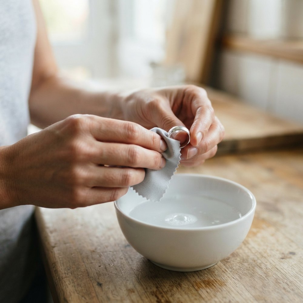 Hands gently cleaning a silver ring with a soft cloth over a bowl of soapy water
