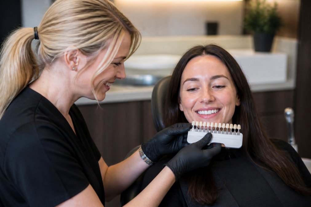Dentist holding dental shade guide samples next to patient's teeth during consultation to demonstrate colour matching process in clinical setting