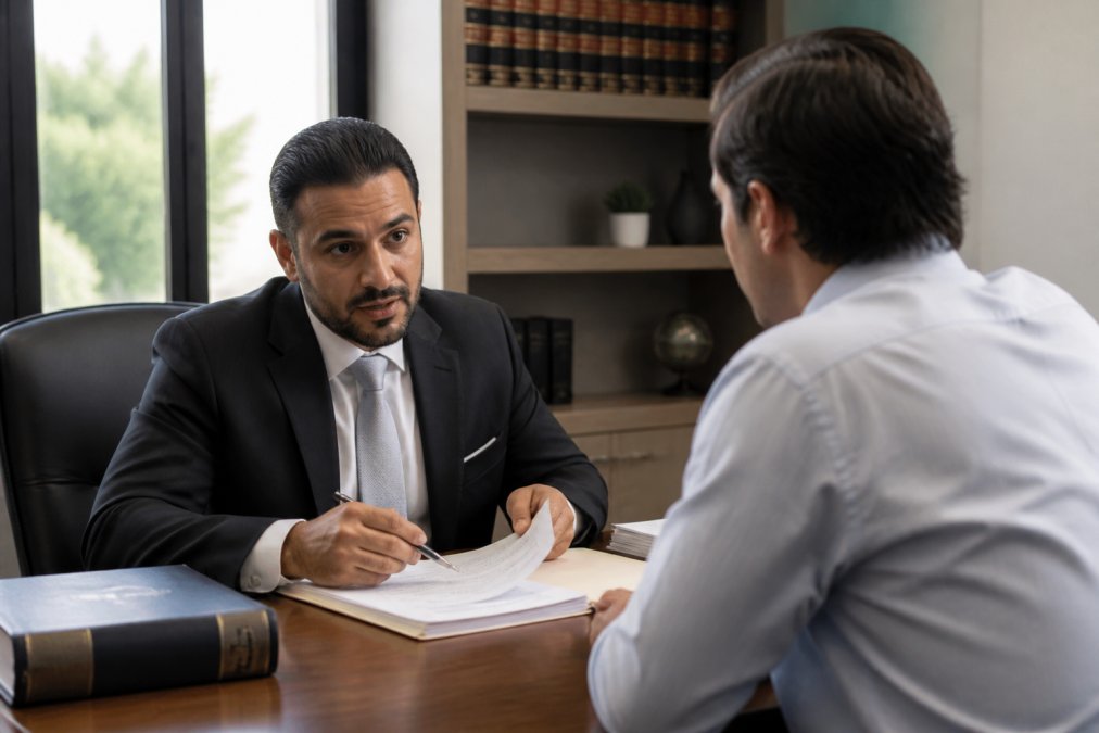 Attorney in professional business attire seated at a wooden desk in a modern law office, reviewing case documents and discussing strategy with a client across the desk, natural light from office windows