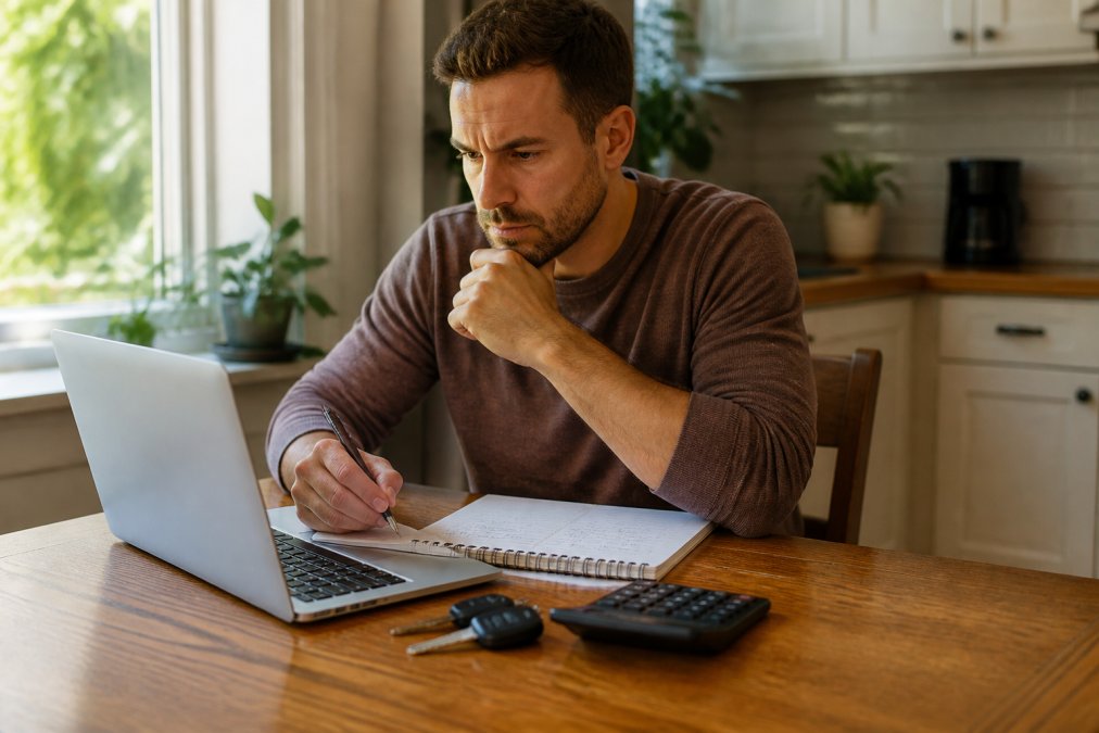 A person sitting at a kitchen table comparing auto financing options on a laptop, calculator and notepad with handwritten numbers beside them, car keys resting on the table, warm afternoon light through a window