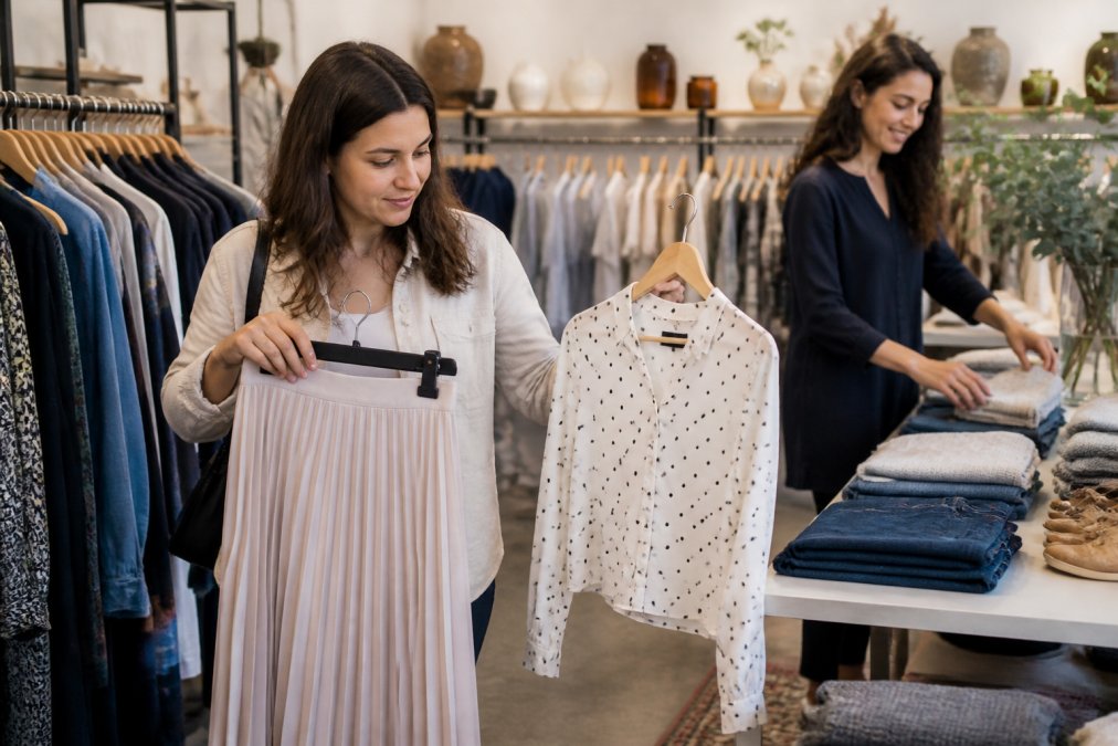 Woman browsing high-quality garments in a boutique as an alternative to fast fashion shopping habits