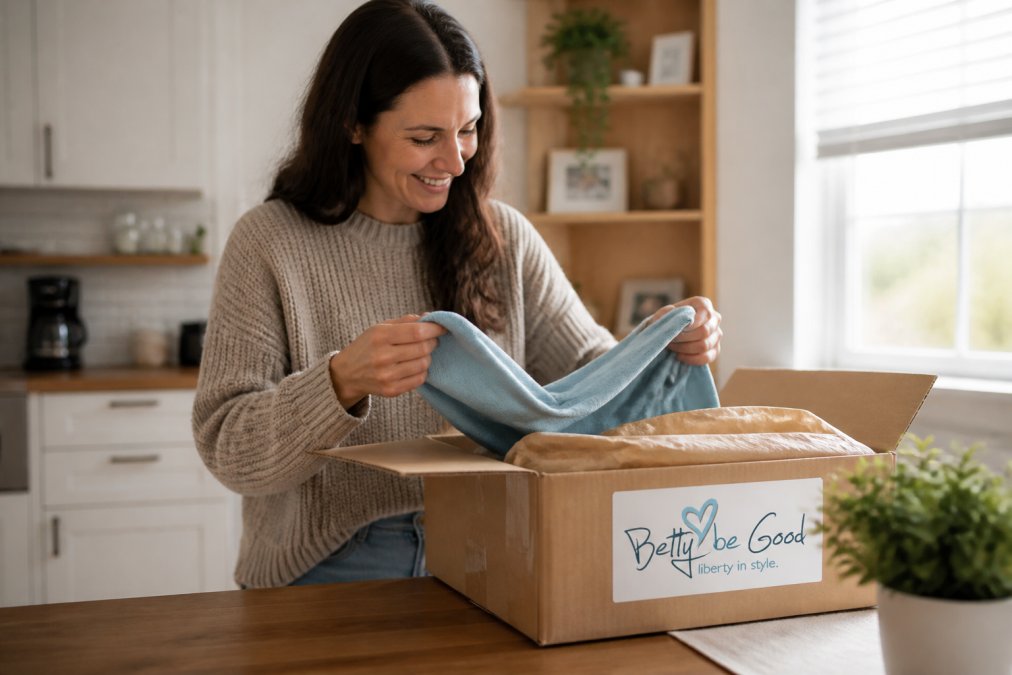 Woman in her 30s unboxing a clothing delivery at home, smiling at the contents with natural daylight coming through a window, opening a branded box on her kitchen table