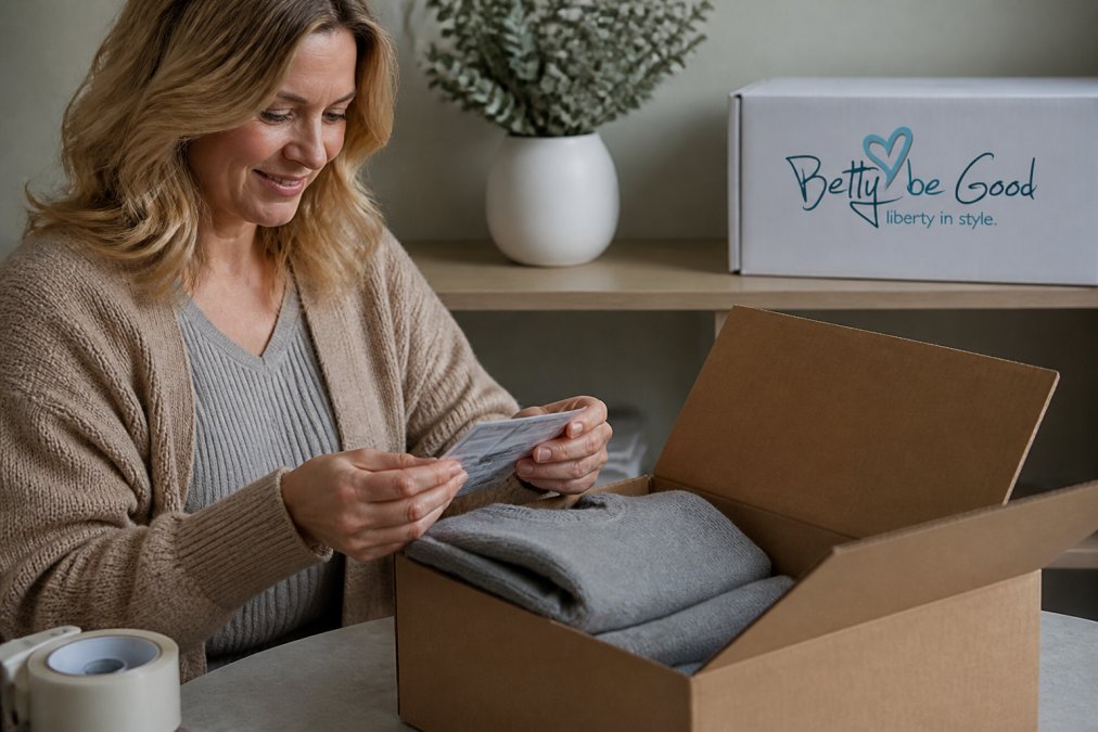 Close-up of hands holding a return label and folding a piece of clothing for shipment back to a retailer, with a cardboard box open on a desk