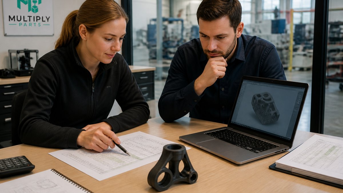 Engineer and analyst reviewing CAD models for a Canadian manufacturing vs USA cost analysis 2026