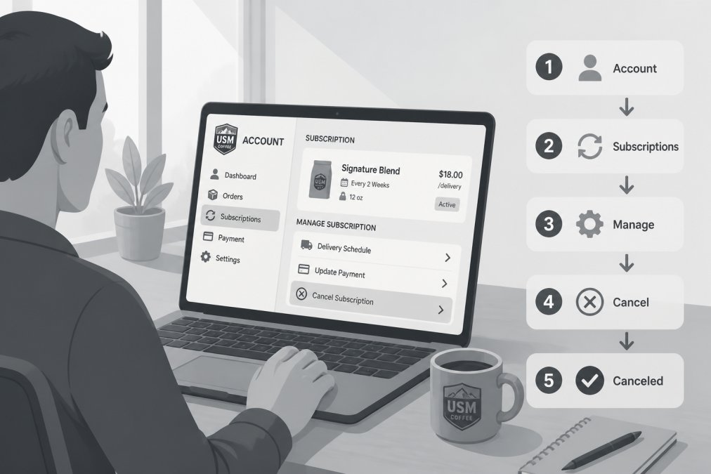 Person sitting at a desk with laptop open, coffee cup nearby, navigating account dashboard on screen showing subscription settings and cancellation interface with natural window lighting
