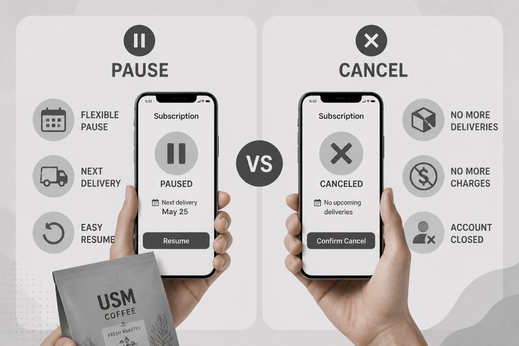 Close-up of hands holding a fresh coffee bag and smartphone displaying subscription pause and cancel options side by side, showing the decision point between pausing and canceling with natural lighting