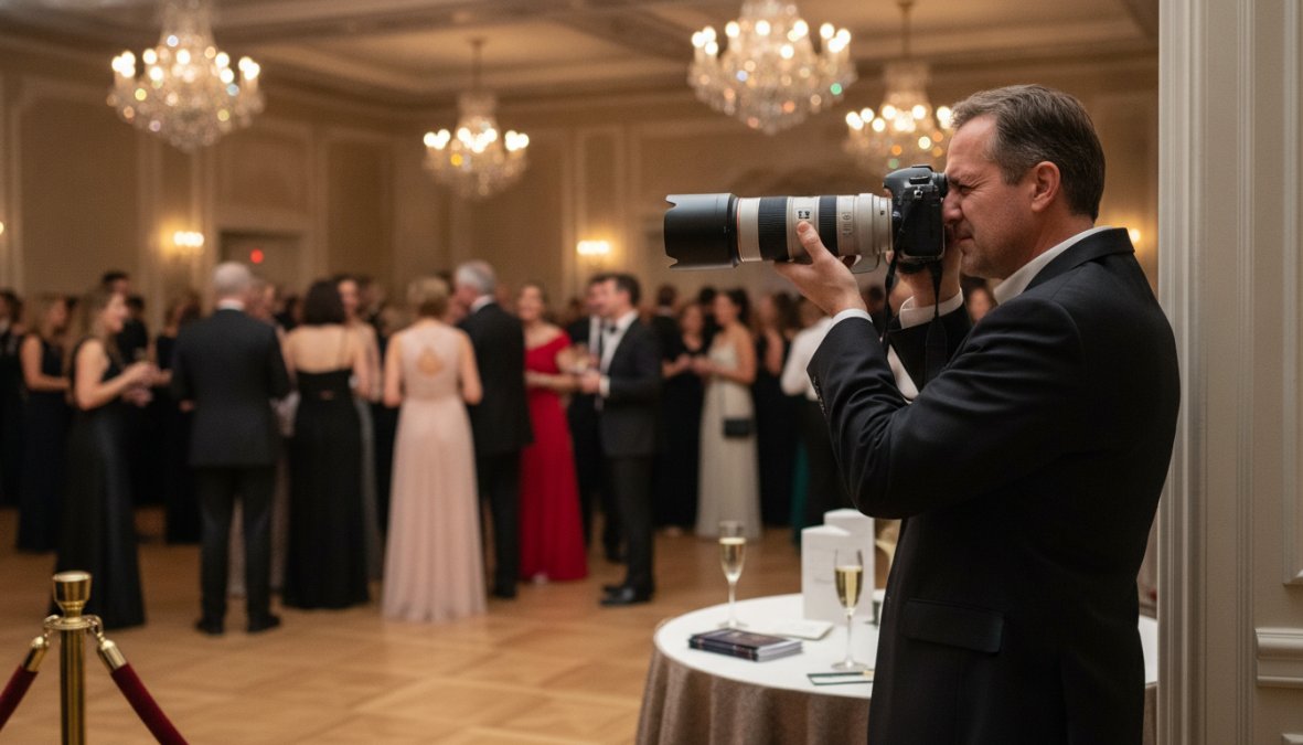 A photographer in formal attire positioned at the edge of a ballroom, using a long zoom lens to capture guests laughing and networking at candlelit tables, warm overhead chandeliers casting soft amber light across the room