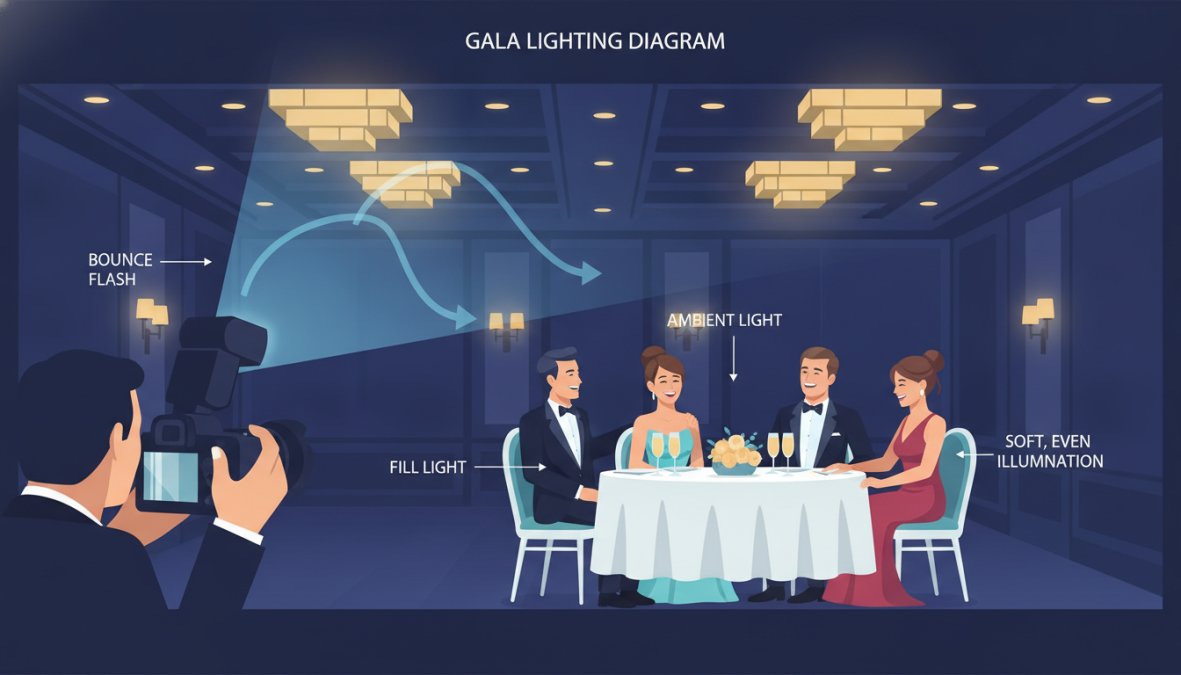 Close-up of a professional DSLR camera with an external flash unit angled toward a ballroom ceiling, capturing a well-lit candid moment of elegantly dressed gala guests at a round dinner table with floral centerpieces and glowing candles