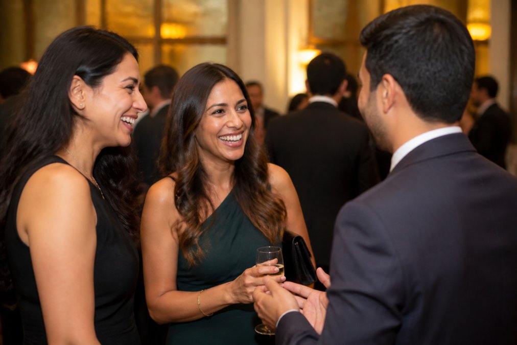 Event attendees engaged in genuine conversation and laughter during a gala reception, with warm ambient lighting capturing unguarded emotional moments and natural interactions between professionals