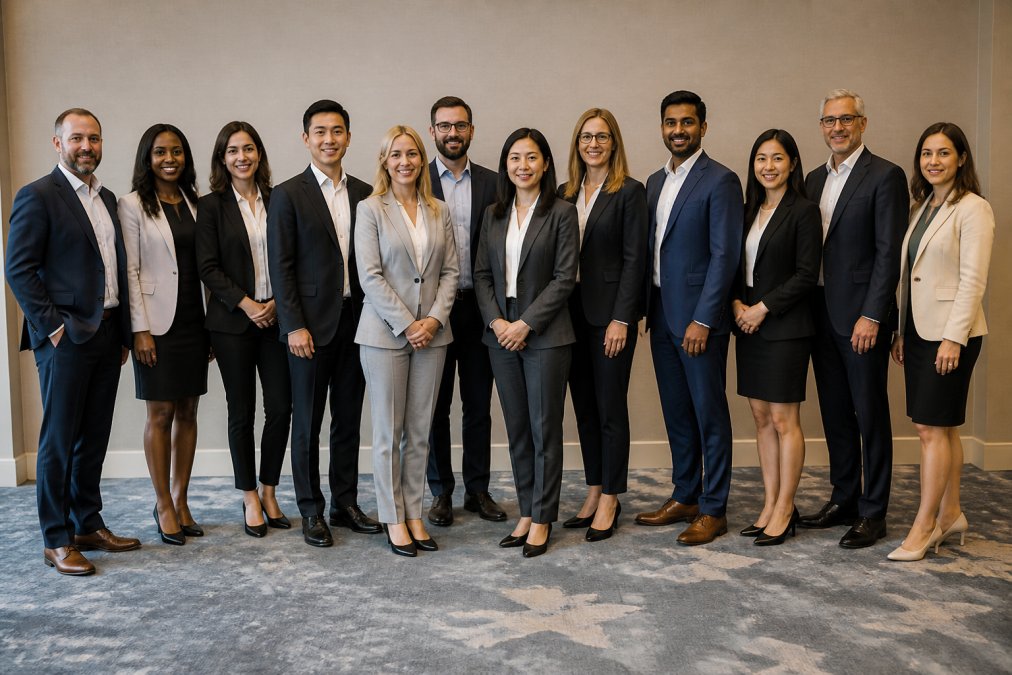 Group of corporate professionals posed formally for a company photo at a conference, with intentional framing, strategic positioning, and professional arrangement against a neutral background