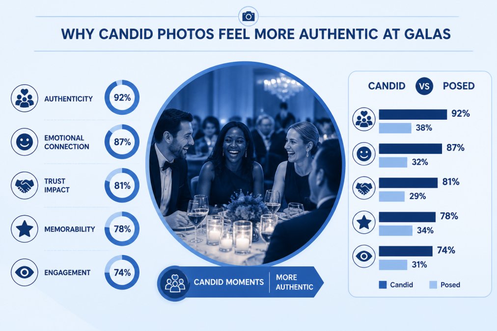 Gala attendees laughing naturally at a formal dinner table, genuine expressions and warm interaction, soft ambient lighting from table candles and overhead fixtures, candid moment captured without posing or direction
