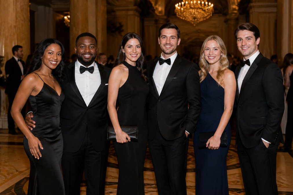 Formally dressed gala attendees posed for a professional group portrait, deliberate framing and composition, professional supplementary lighting creating flattering angles, composed expressions and intentional body language