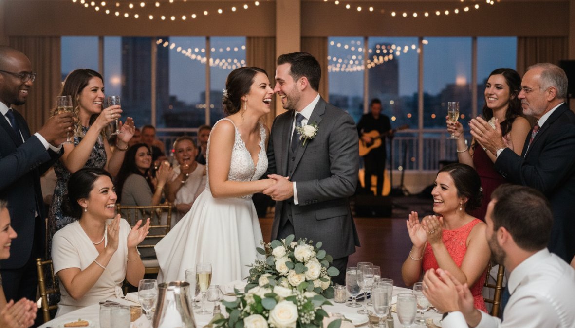A bride and groom laughing together during their wedding reception surrounded by guests, with warm candlelight and natural joy captured in a genuine unposed moment