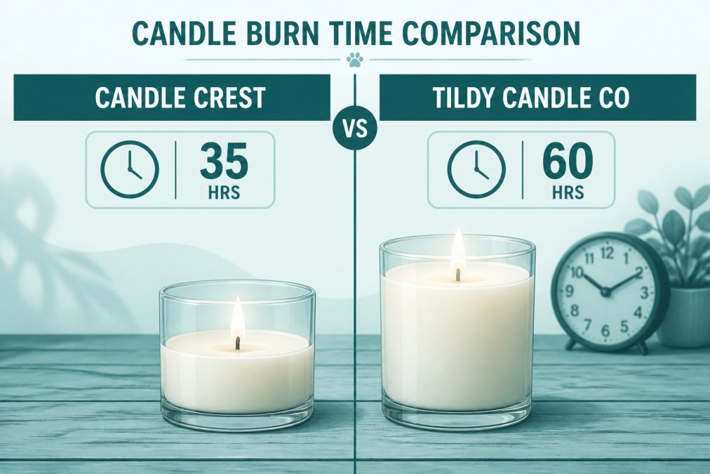 Two lit candles side by side on a weathered wooden table, one burned down noticeably shorter than the other, a small analog clock visible in the soft background light