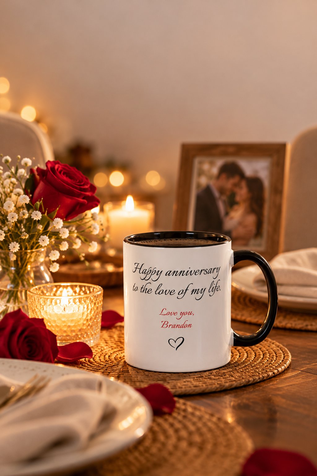 Candlelit Anniversary Mug And Roses