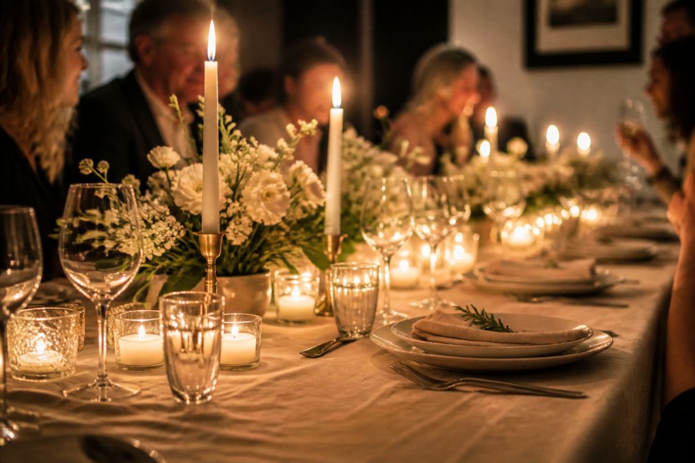 Elegantly set dining table with cream linens, multiple candlesticks of varying heights with warm glowing candles, fresh white flowers in a low arrangement, wine glasses catching candlelight, and place settings visible with soft focus of diners in candlelit background