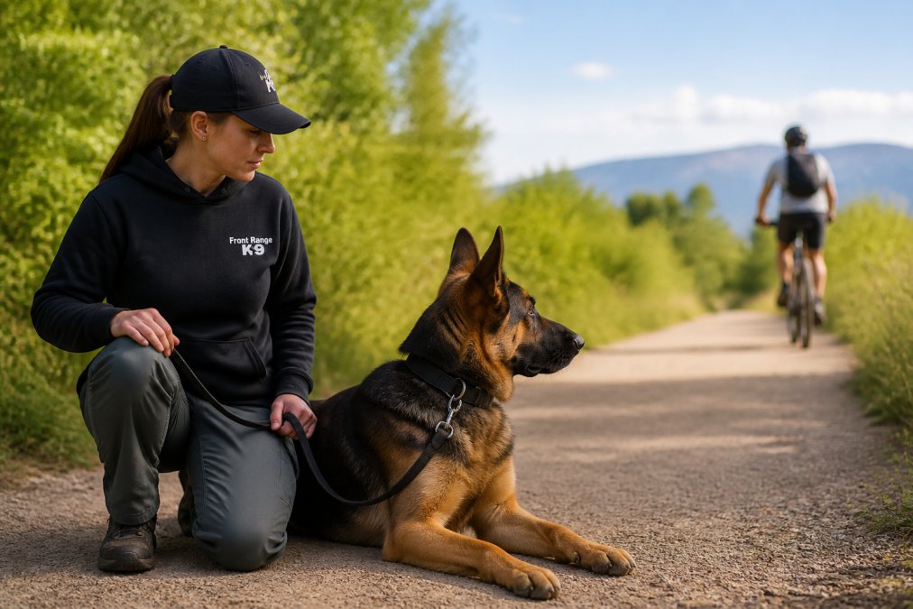 A professional dog trainer kneeling calmly beside a relaxed German Shepherd on a sunlit trail, holding a loose leash while the dog watches a distant cyclist without reacting