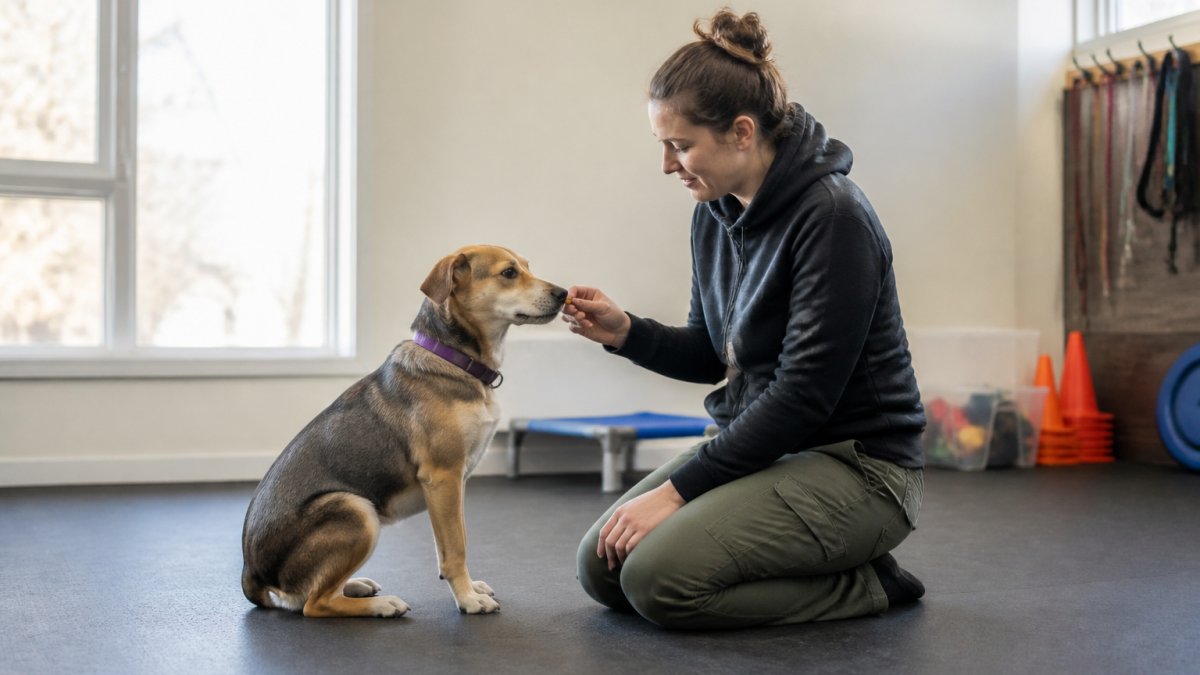 A calm rescue dog sitting beside a trainer in a quiet indoor training space, trainer using a treat to reward the dog, soft natural light