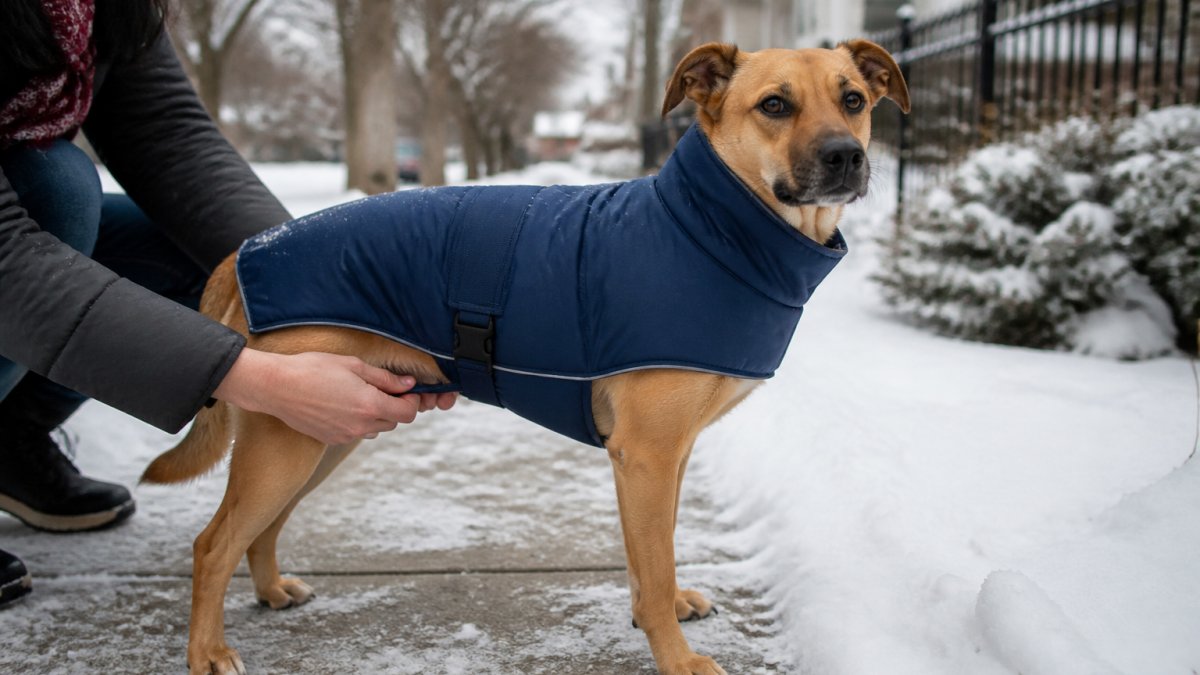 A medium-sized short-haired dog wearing an insulated winter parka standing in fresh snow on a suburban sidewalk, owner's hand adjusting the belly strap, soft overcast winter light