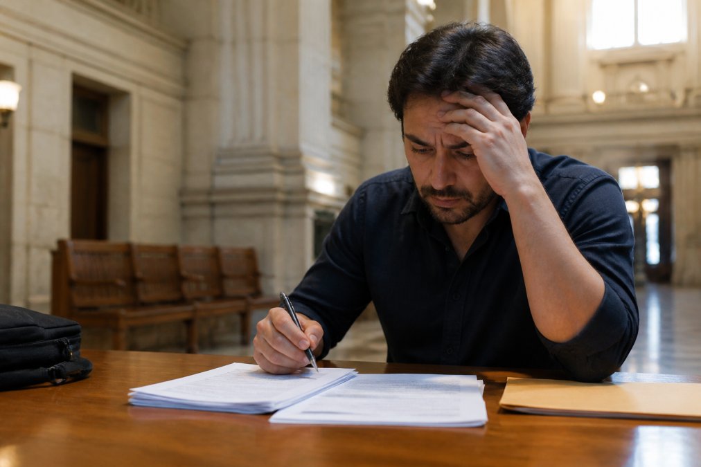 Stressed person holding a pen over legal paperwork in a courthouse hallway because they cannot afford attorney fees.