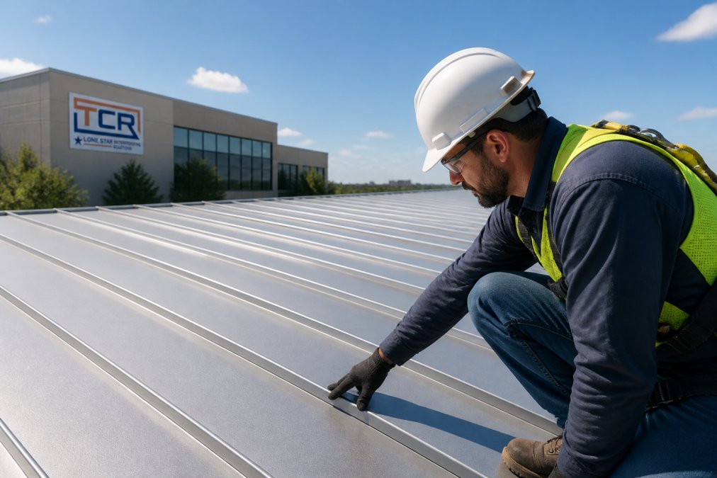 Technician in safety gear inspecting a Cantex roofing standing-seam metal roof on a sunny commercial building.