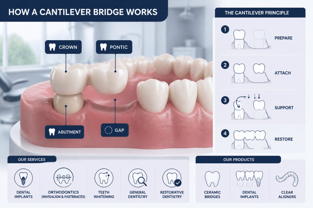 Close-up of a dental model in a modern clinic showing a cantilever bridge attached to a single abutment tooth, with the pontic extending over the gap, natural window lighting