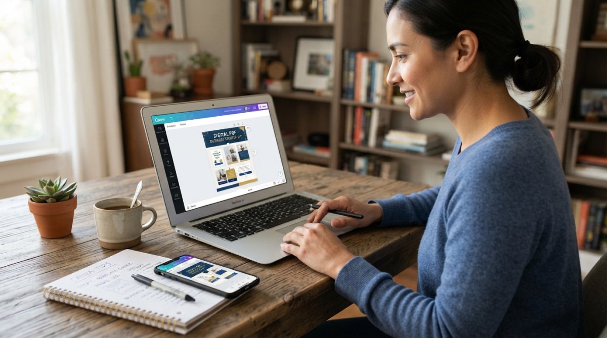 Person's hands on a laptop using Canva, with a template visible on the screen, bright workspace with natural light and coffee nearby