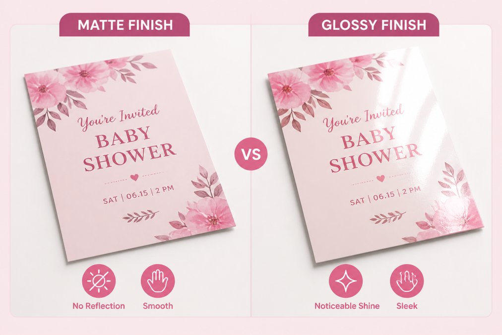 Comparison showing the difference between matte and glossy cardstock finishes on invitation cards