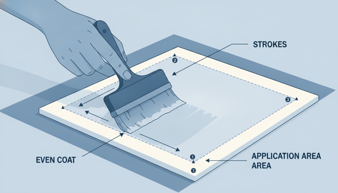 Close-up of hands carefully applying adhesive to canvas with a brush, showing proper technique and even coverage on a flat work surface