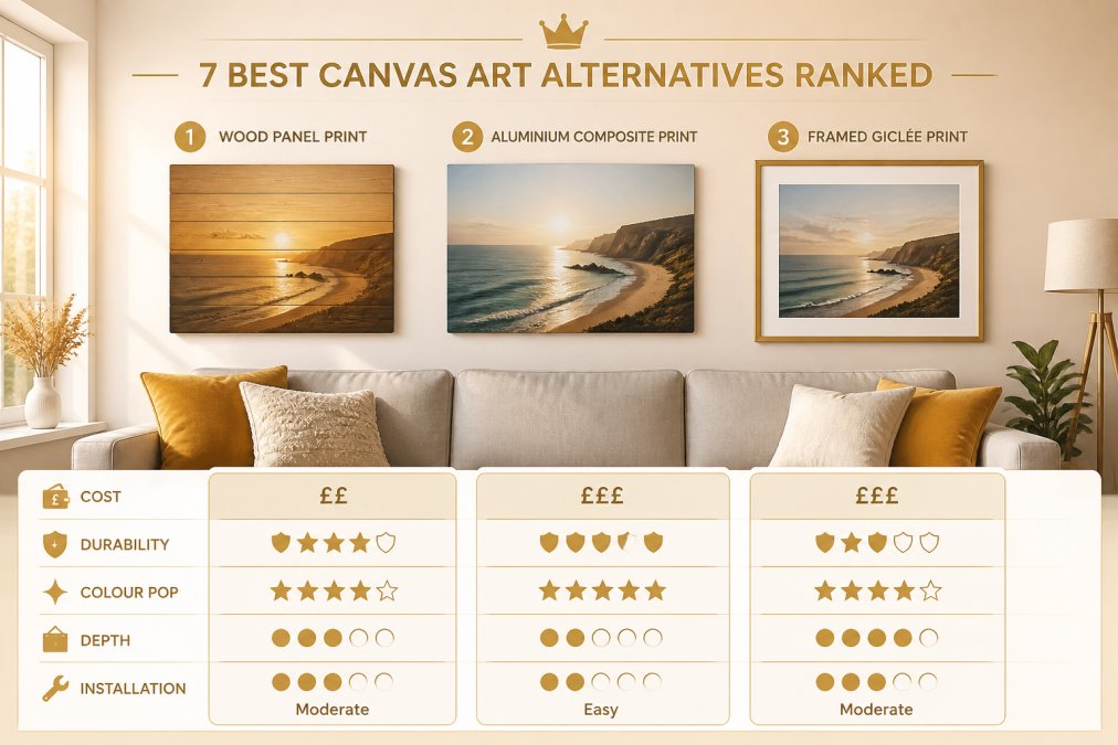 A bright, modern UK living room with a light grey sofa, showing three different wall art formats displayed side by side above it: a warm-toned wood panel print on the left, a sleek aluminium composite coastal print in the centre, and a classically framed giclée print on the right, lit by afternoon sunlight from a nearby window