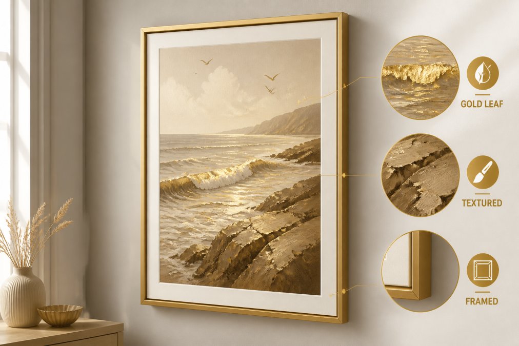 Close-up of a framed coastal seascape print hung on a light grey wall in a contemporary UK home, showing visible gold leaf detail catching the light on wave crests and textured brushwork in the foreground rocks, with soft natural daylight entering from the left